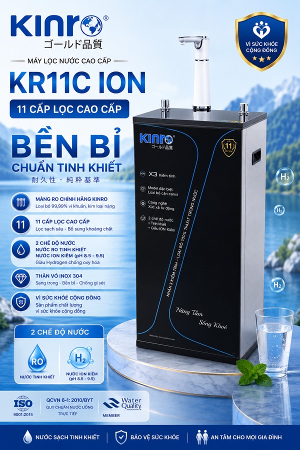 Máy lọc nước Kinro KR11C ION 11 cấp, 2 chế độ ion kiềm + khoáng